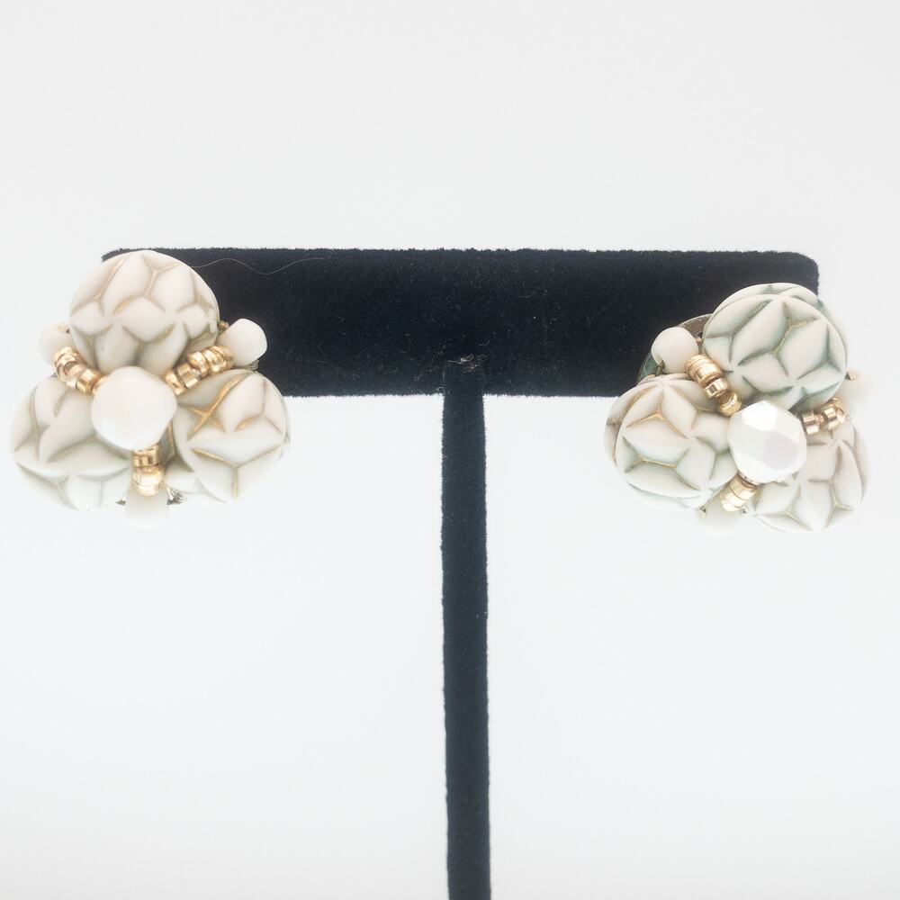 Vintage West Germany Clip On Beaded Cluster Earrings 1” Floral Retro
